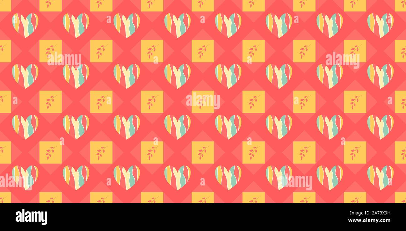 Rainbow, cuori colorati su un sfondo geometrico. Illustrazione vettoriale di una ripetizione di modello senza cuciture con colori pastello. Illustrazione Vettoriale