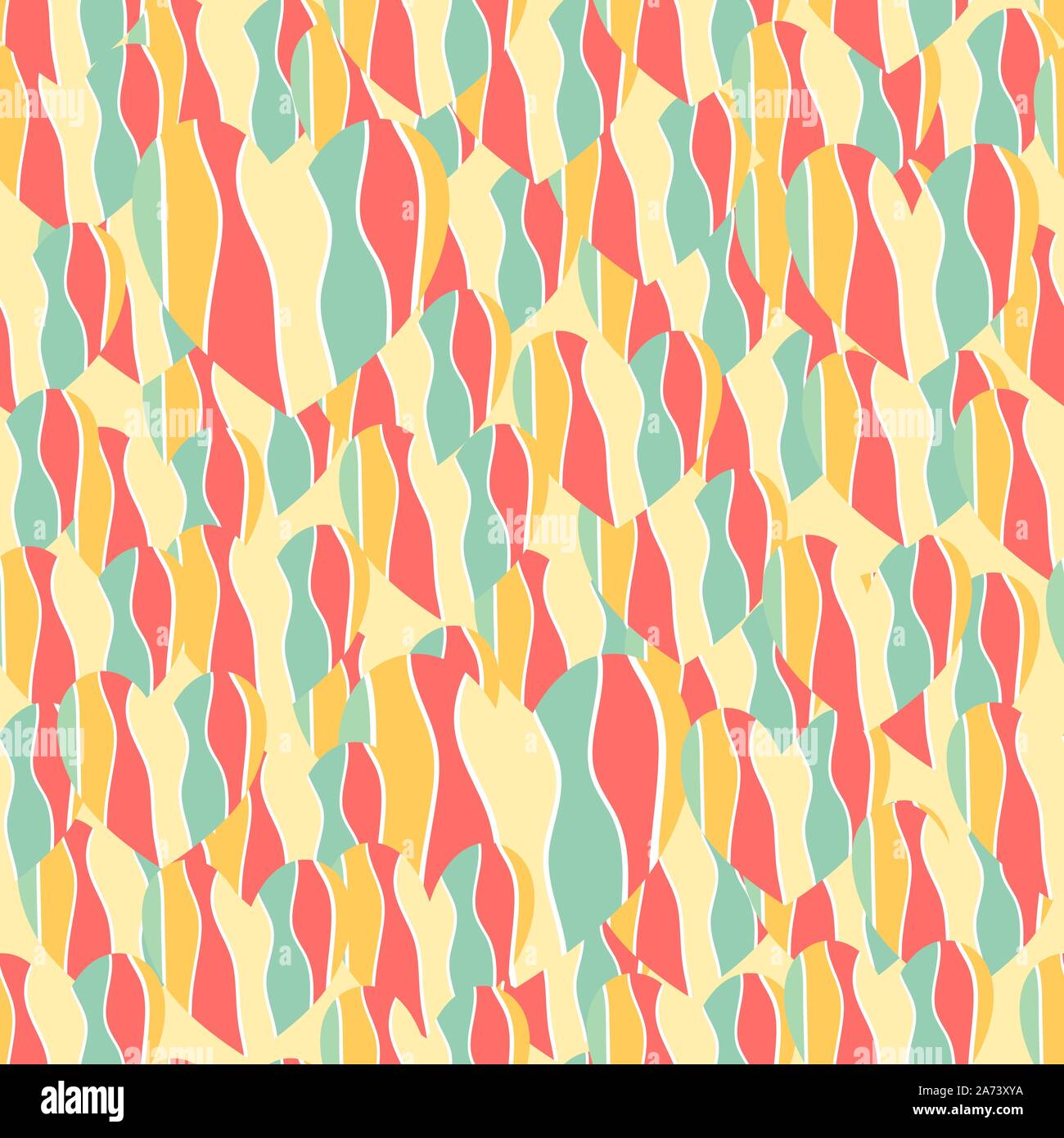 Abstract colorata come rainbow cuori di dimensioni diverse tra loro sovrapposte. Illustrazione Vettoriale di ripetere seamless pattern su sfondo chiaro. Illustrazione Vettoriale