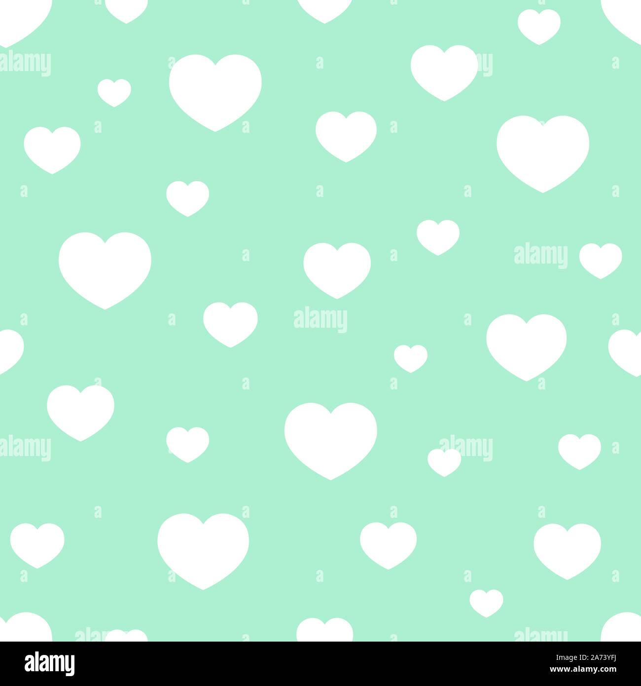 Diverse dimensioni cuori bianco caoticamente disposti su un verde, sfondo al neon. Illustrazione Vettoriale. Modello senza giunture. Illustrazione Vettoriale