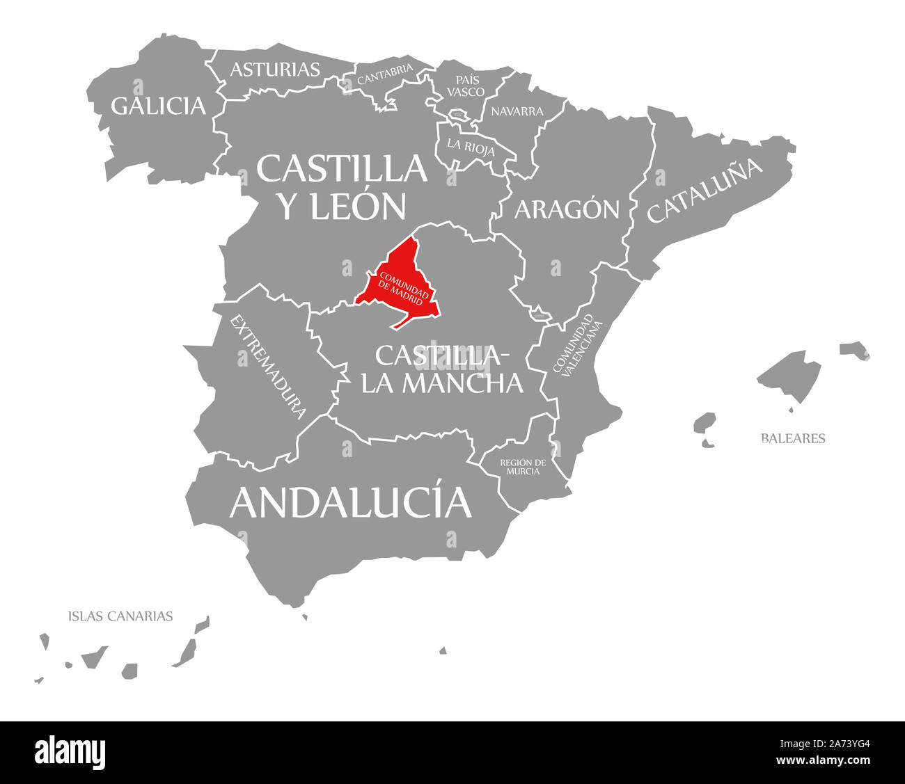 Comunità di Madrid evidenziata in rosso nella mappa della Spagna Foto Stock