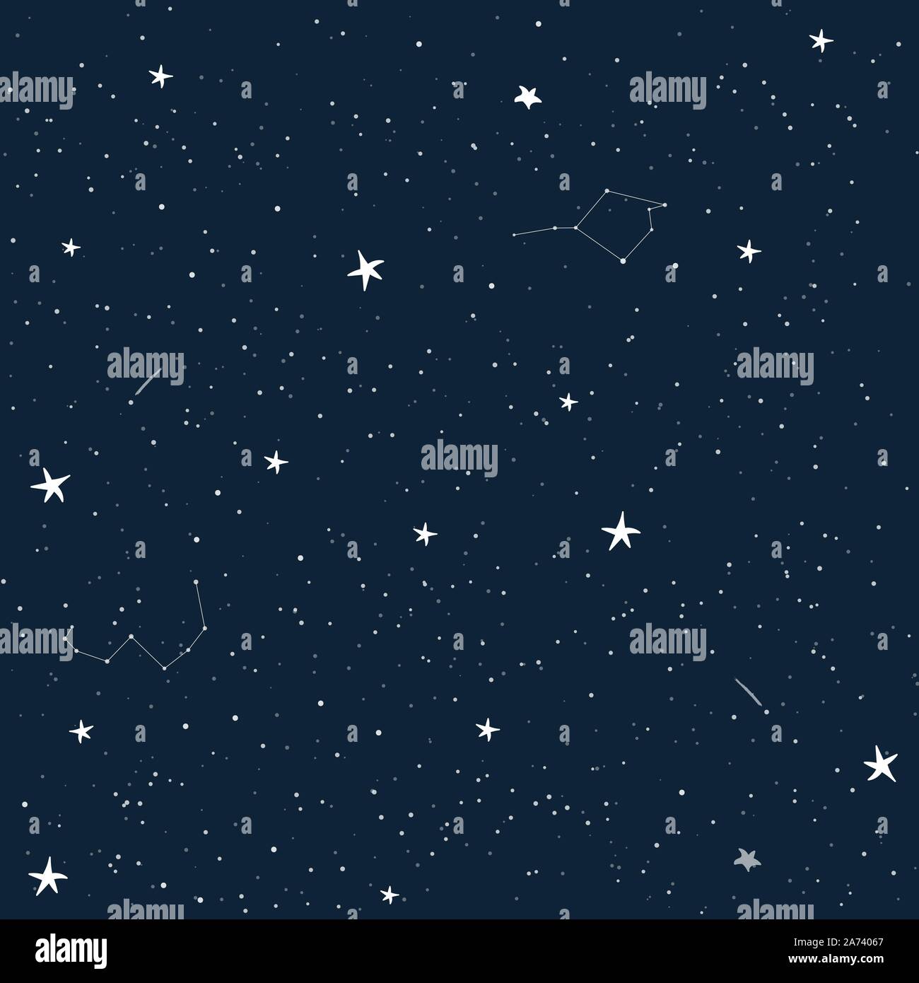 Vector seamless pattern del cielo notturno pieno di stelle brillanti e costellazioni. Illustrazione di un cielo stellato. Migliori per tessuti, sfondi. Illustrazione Vettoriale