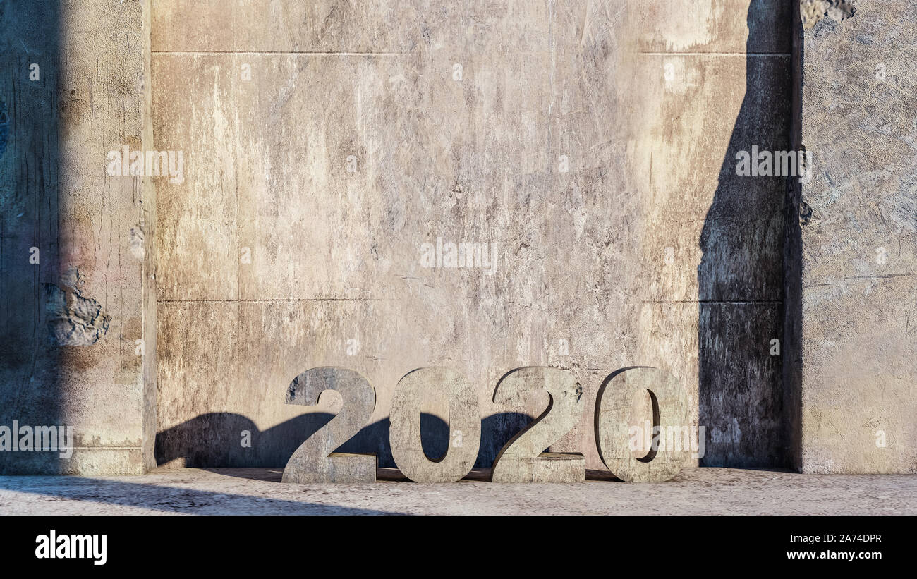 No. 2020. Il testo dal calcestruzzo allagata contro lo sfondo di un vecchio muro di cemento illuminata dalla luce del sole, concettuale interior design Foto Stock