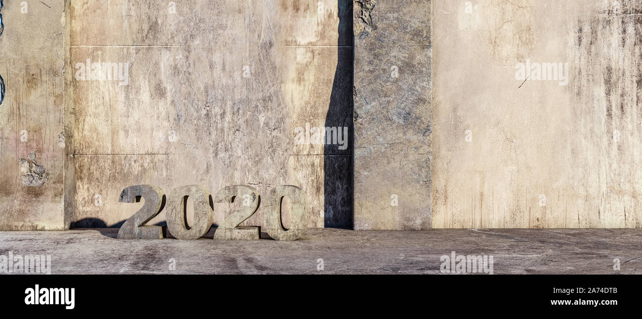 No. 2020. Il testo dal calcestruzzo allagata contro lo sfondo di un vecchio muro di cemento illuminata dalla luce del sole, concettuale interior design Foto Stock