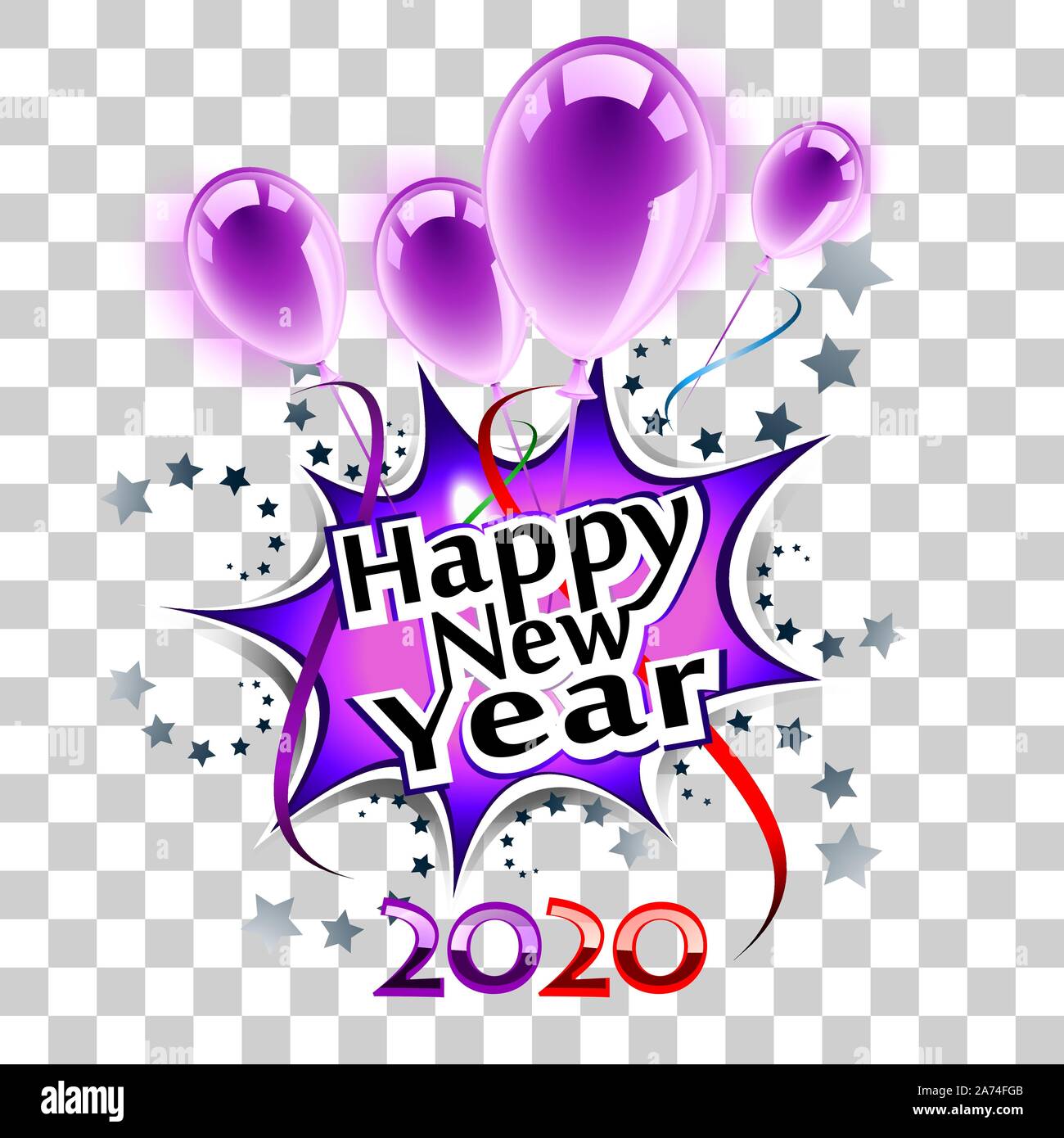Felice Anno Nuovo 2020 viola biglietto di auguri, trasparente eps10 Illustrazione Vettoriale