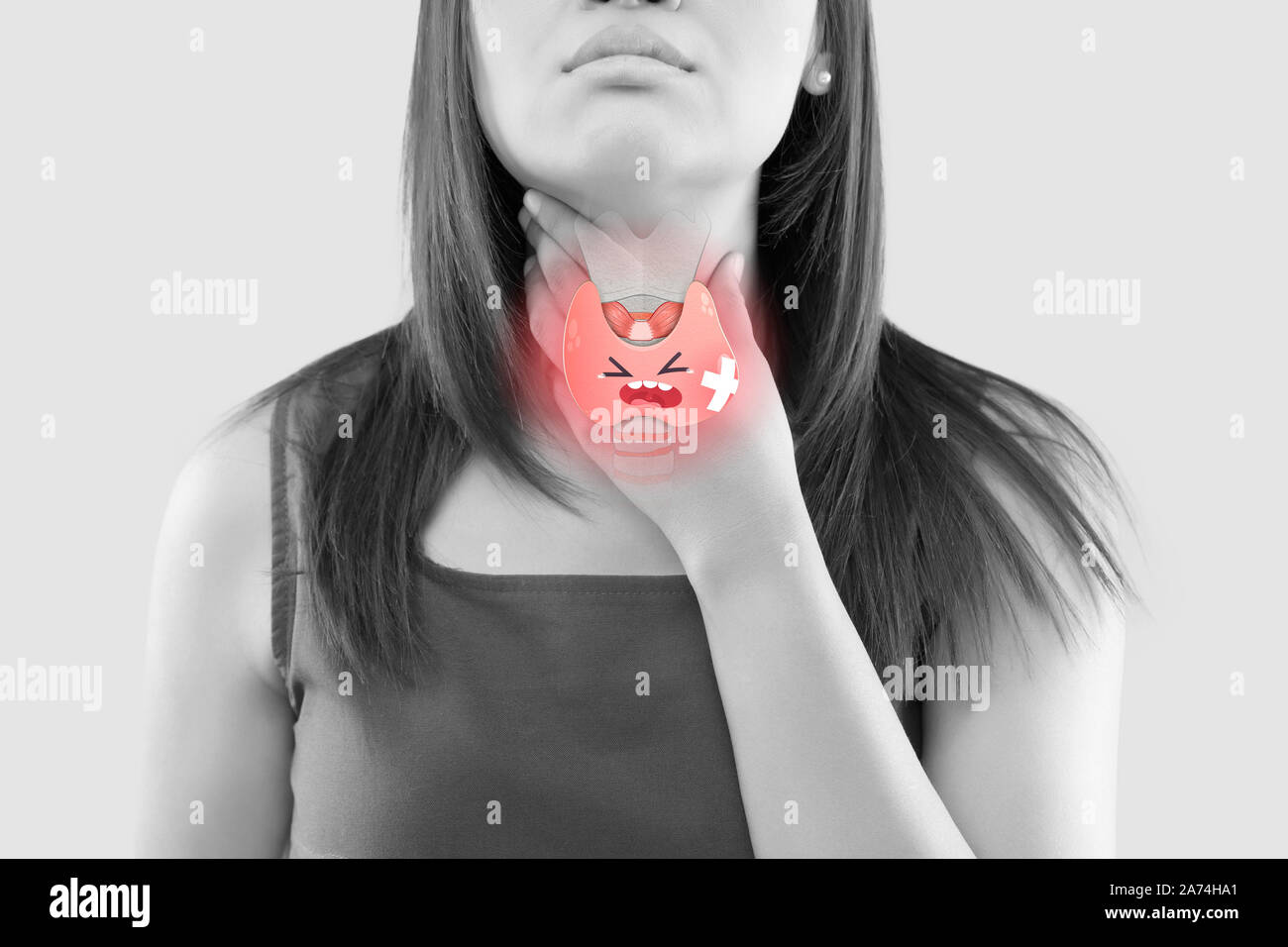 L'illustrazione della tiroide è sulla donna gola, umana della ghiandola tiroidea controllo. Mal di gola di un popolo contro uno sfondo grigio. Il concetto di Foto Stock