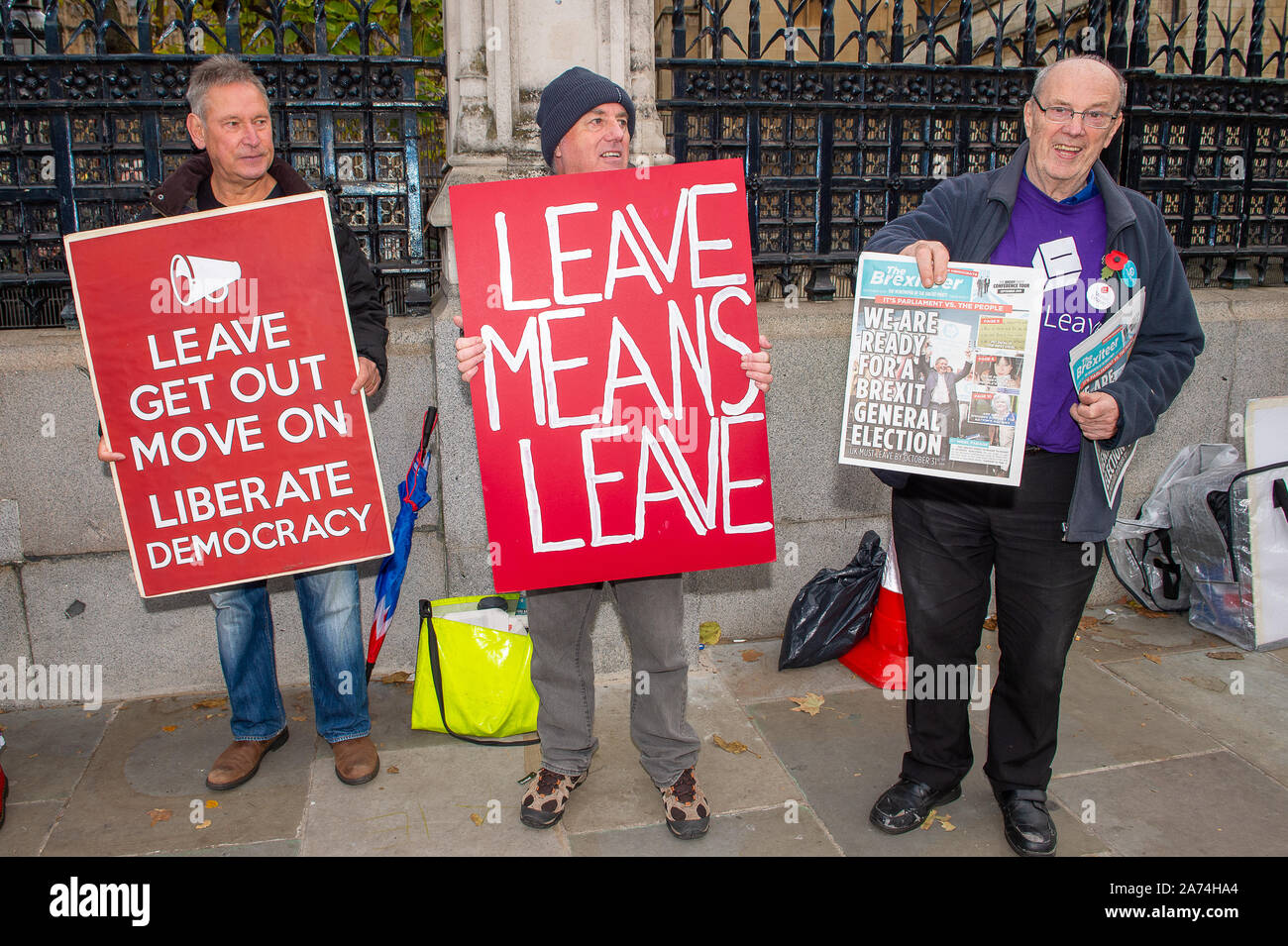 Westminster, Londra, Regno Unito. 29 ottobre, 2019. Brexit lasciare gli attivisti al di fuori della House of Commons il giorno di elezione generale è chiamato. Credito: Maureen McLean/Alamy Foto Stock