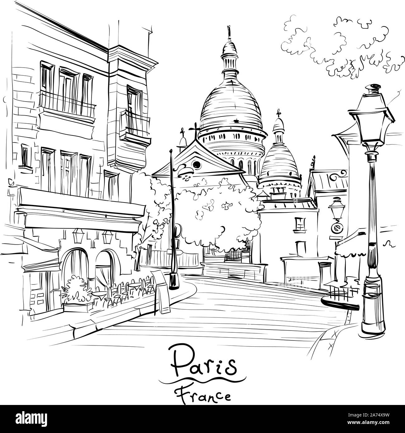 Il vettore in bianco e nero schizzo della Place du Tertre e il Sacro Cuore, quartiere Montmartre di Parigi, Francia Illustrazione Vettoriale