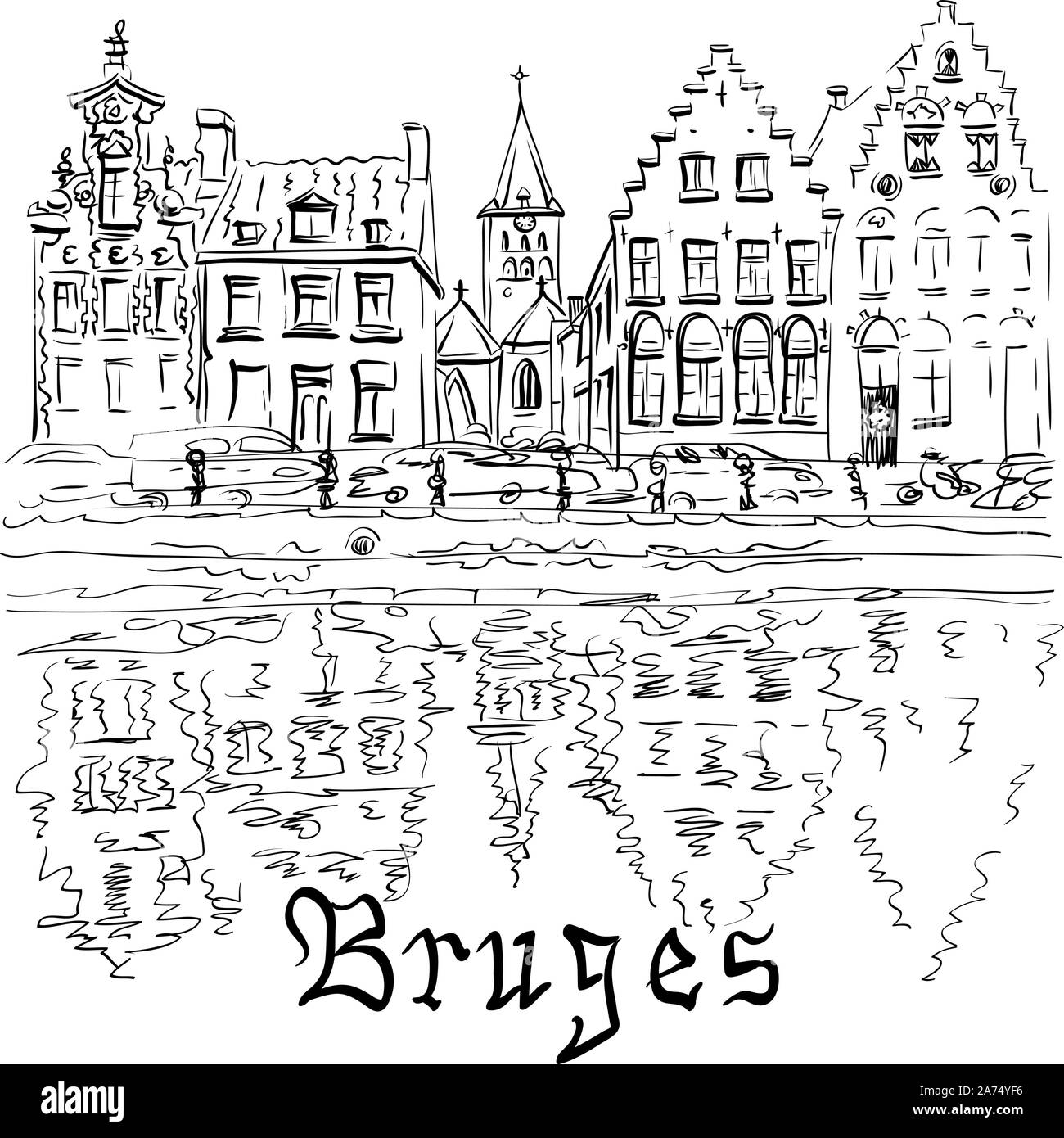 Il vettore in bianco e nero città panoramica vista del canale di Bruges con belle case medievali, Belgio Illustrazione Vettoriale