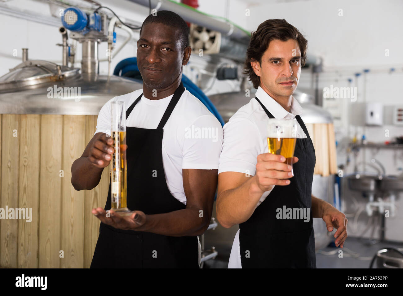 Due produttori professionali che mostra il vetro e il pallone di birra nella fabbrica di birra Foto Stock