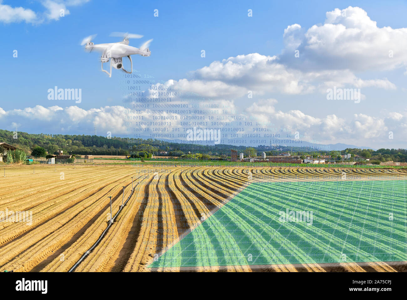 Uso Agricolo di un drone per ricerca e analusis della produzione agricola e del terreno. I dati e la tecnologia come un nuovo lavoro e Foto Stock