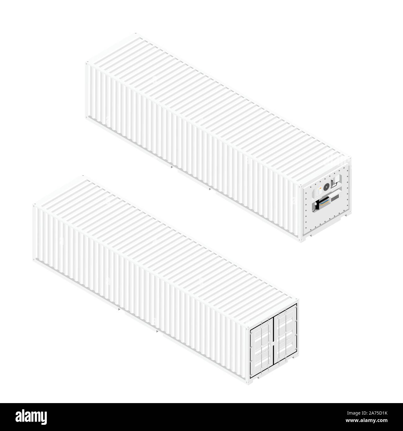 Contenitori refrigerati posteriore ed anteriore vista isometrica isolati su sfondo bianco. Illustrazione Vettoriale