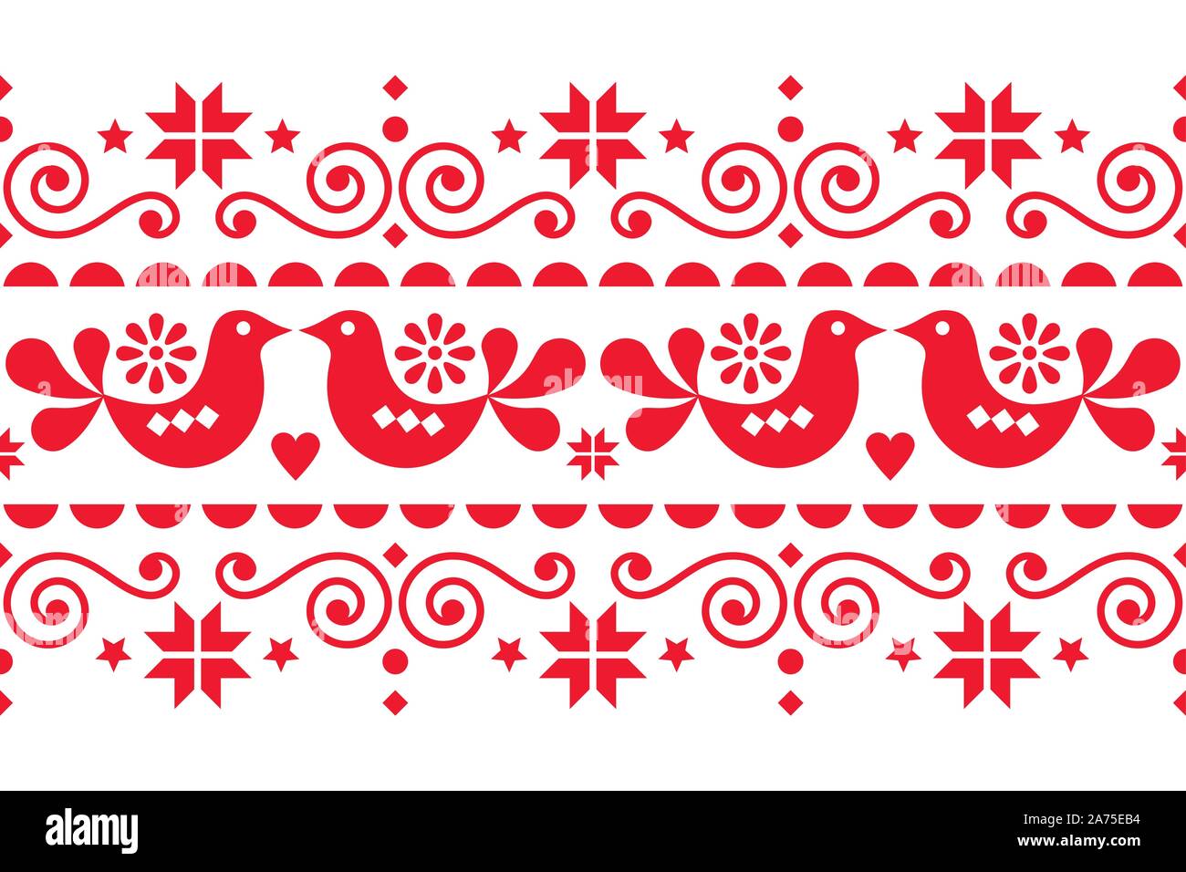 Natale scandinavo folk art vector seamless pattern con fiori, uccelli e fiocchi di neve, nordic design di festa in rosso una white Illustrazione Vettoriale