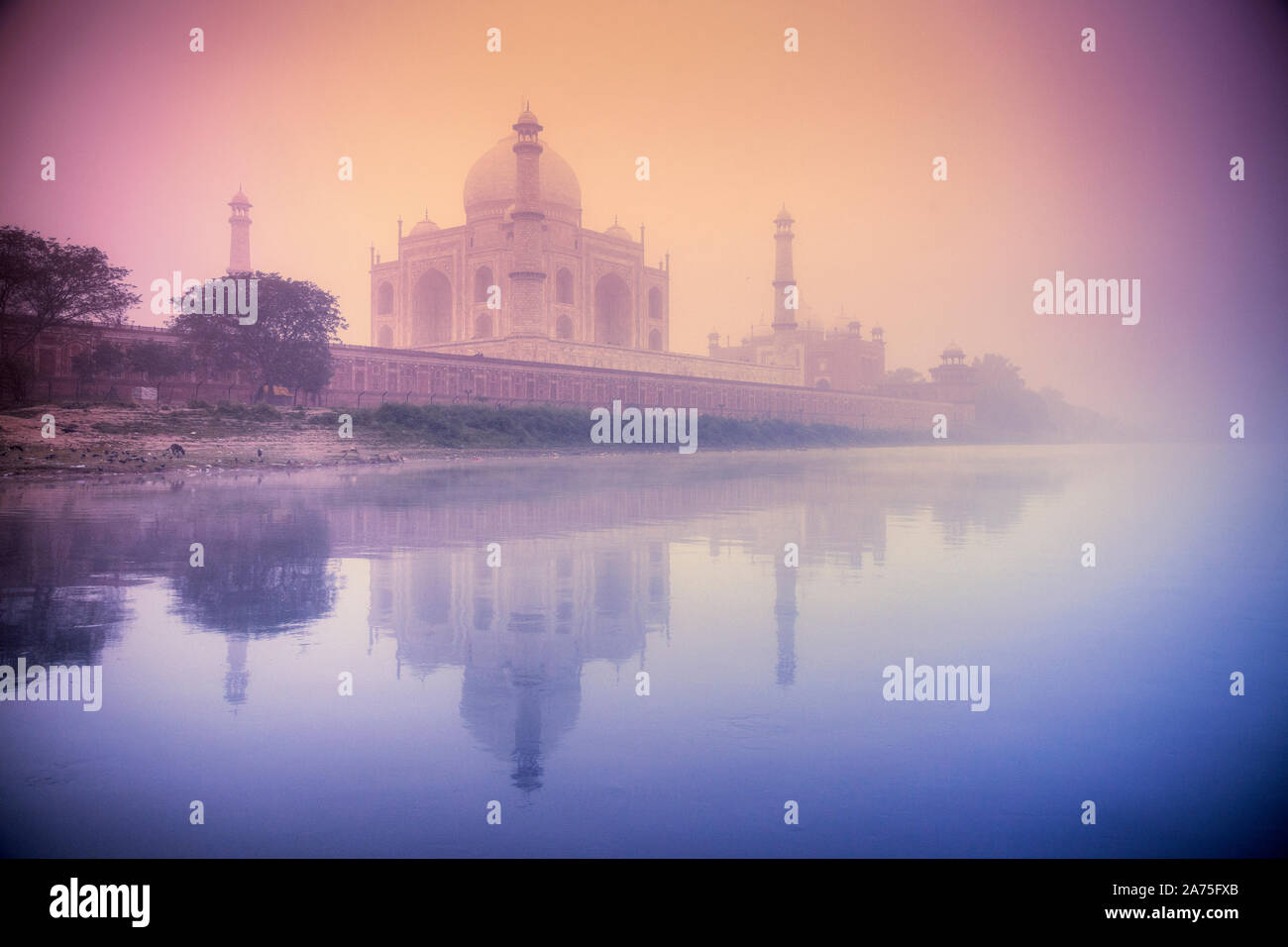 India, Uttar Pradesh, Agra il Taj Mahal (Sito UNESCO), e la nebbia di mattina Foto Stock