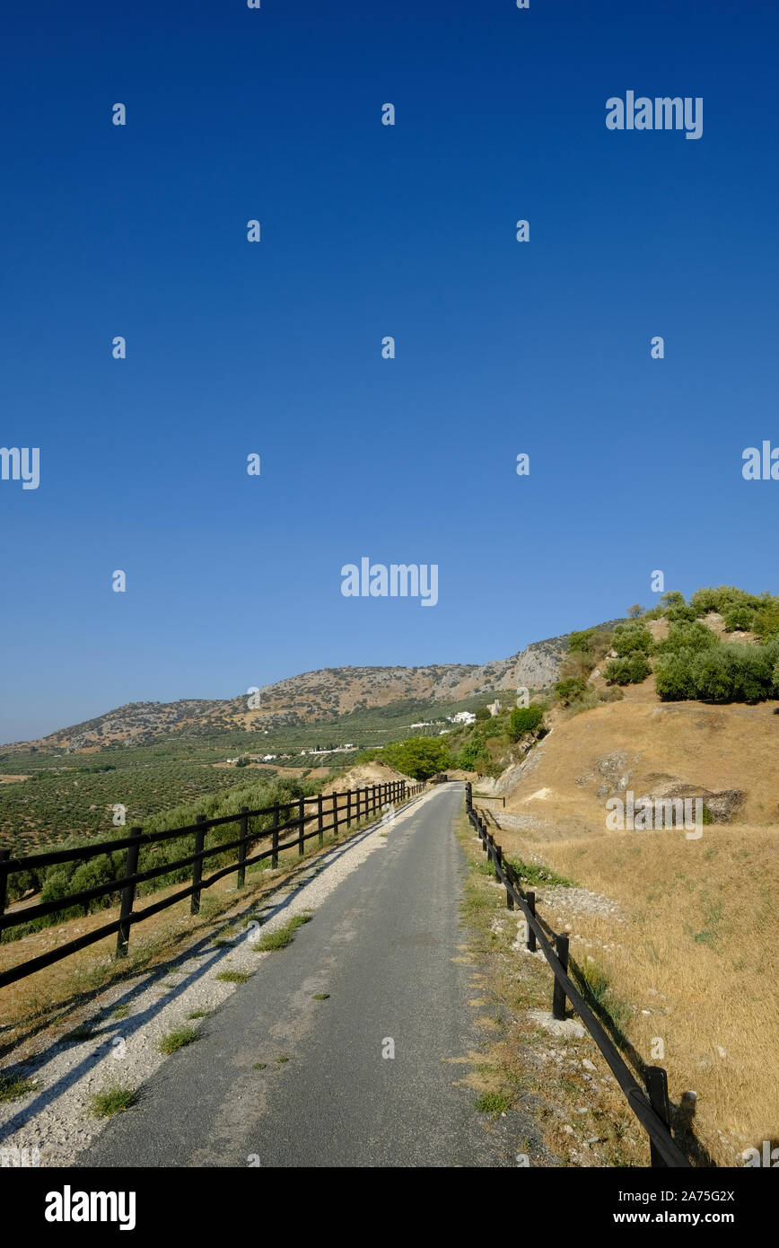 La Via Verde, una in disuso olio di oliva linea ferroviaria, ora una passeggiate a piedi e in bicicletta il percorso vicino a Zuheros in Sierra Subbetica, Andalusia. Foto Stock