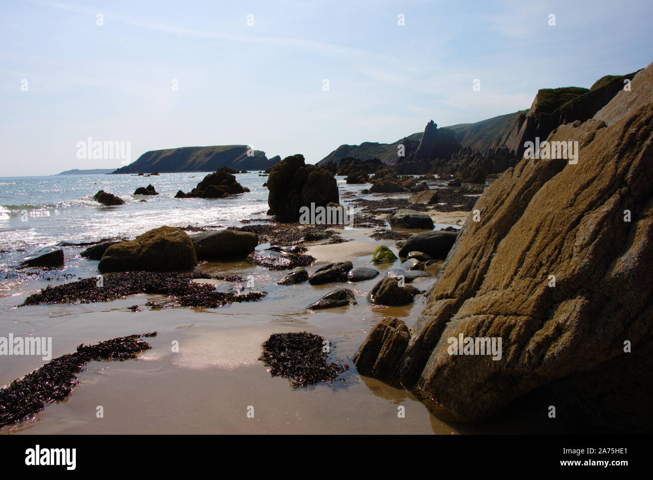 Marloes sands a bassa marea in Pembrokeshire, nel Galles del Sud. Foto Stock