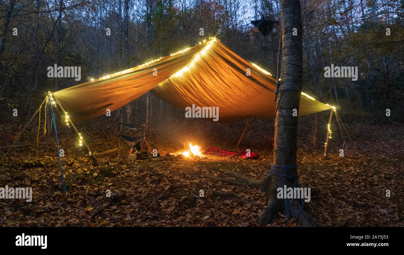 Primitiva Tarp Shelter con il fuoco e le luci fairy. Survival Bushcraft il setup in Blue Ridge Mountains vicino a Asheville. Foto Stock