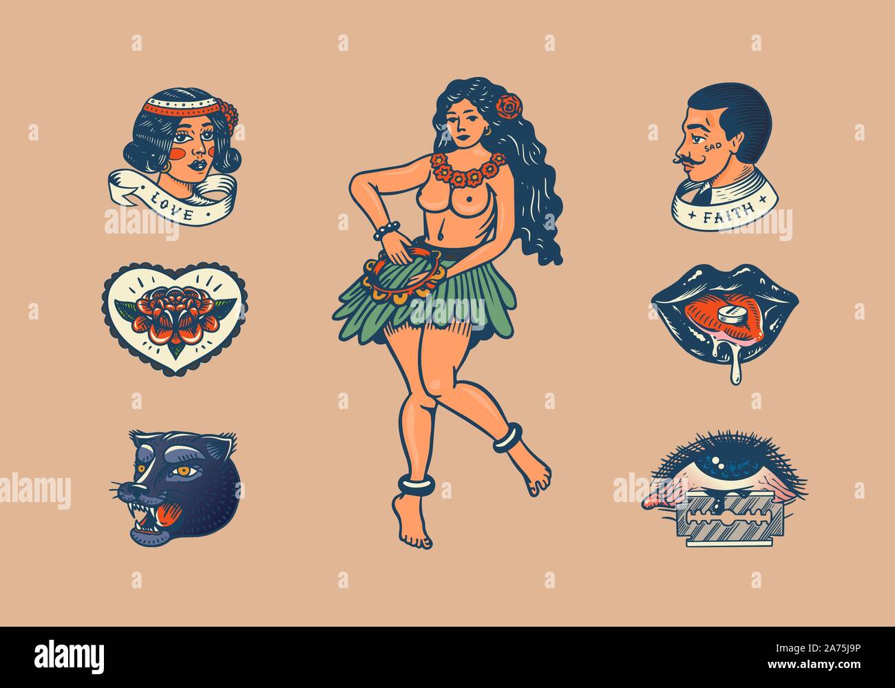 Set di scuola vintage Tattoo. Caratteri giocando a carte, Hawaiian donna, labbra e medicina farmaco, faro, Panther, dadi e snake. Mano inciso Illustrazione Vettoriale