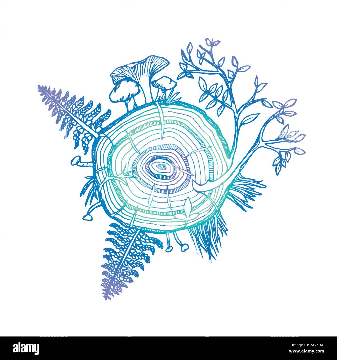 Neon di disegno della foresta set. La felce, albero, funghi, erba. Illustrazione Vettoriale