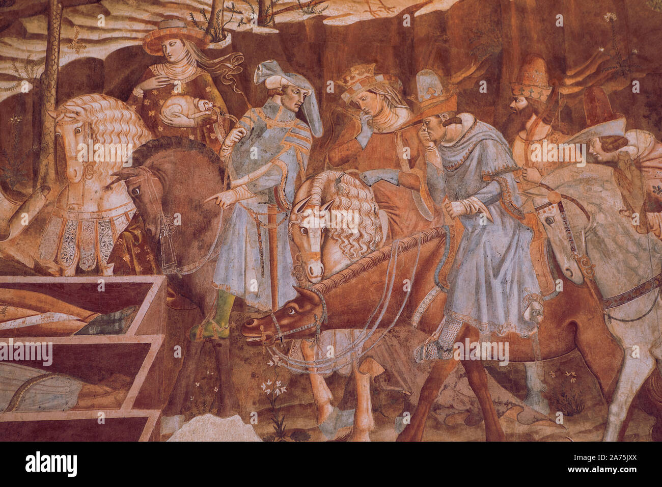 Particolare di affresco italiano "Trionfo della Morte", "ultimo giudizio' da Buonamico Buffalmacco, 1336-1341, rinnovato affresco all'interno del Campo Santo, Pisa Ital Foto Stock