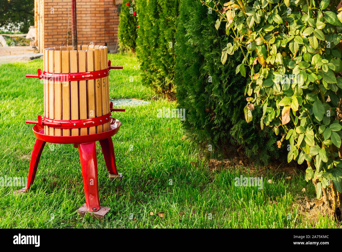 Torchio macchina, frantoio. Vendemmia. Attrezzature speciali per la produzione di vino, winemakingoutdoors con copia spazio. Concetto di piccole imbarcazioni bu Foto Stock