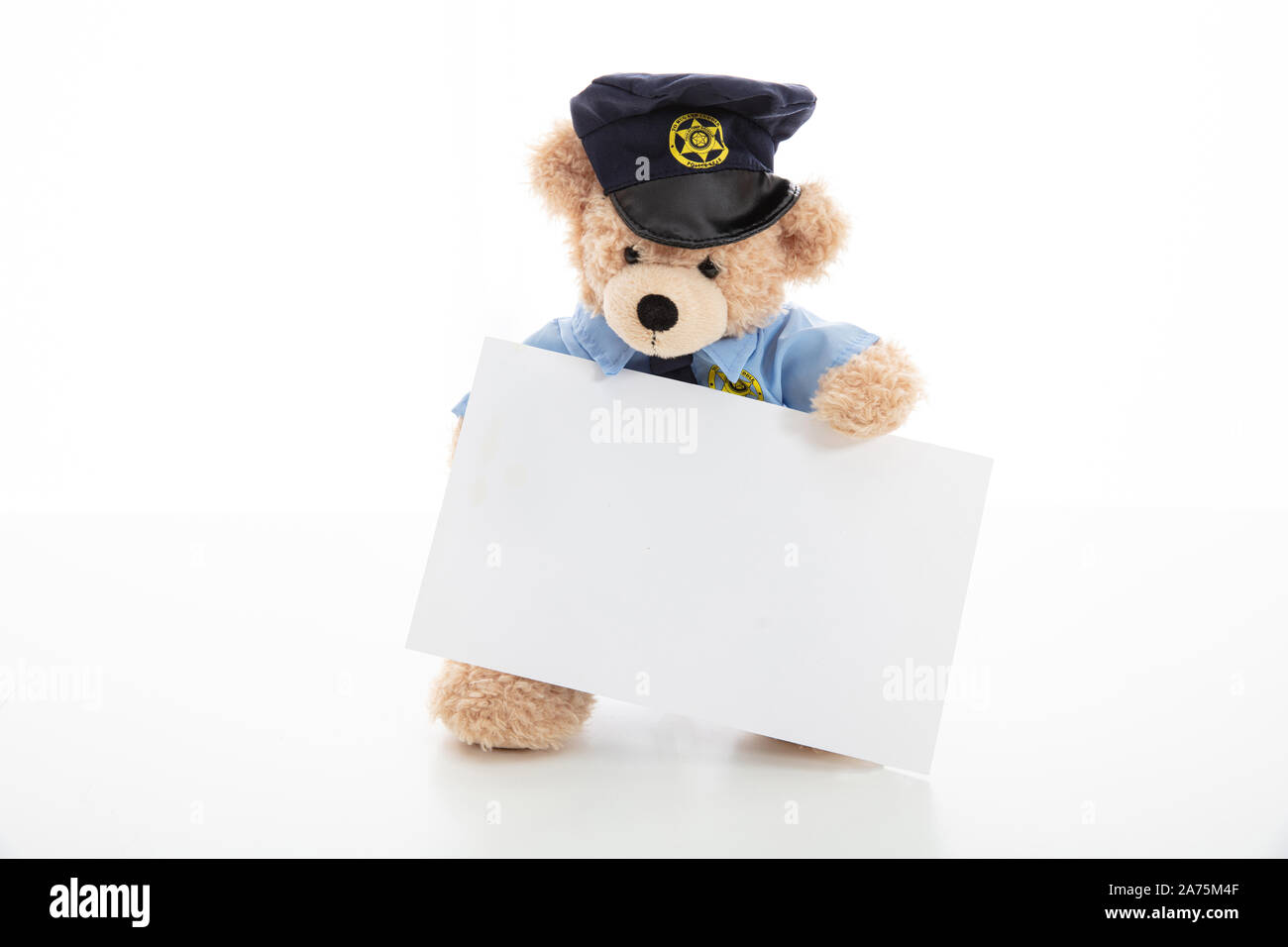 Forze di polizia e di sicurezza del concetto. Simpatico orsacchiotto in funzionario di polizia uniforme tenendo una scheda vuota isolata contro uno sfondo bianco, spazio di copia Foto Stock
