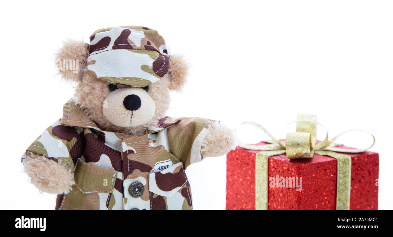 Esercito militare, al concetto di Natale. Simpatico orsacchiotto soldato in uniforme e un colore rosso scatola regalo isolato permanente contro uno sfondo bianco Foto Stock