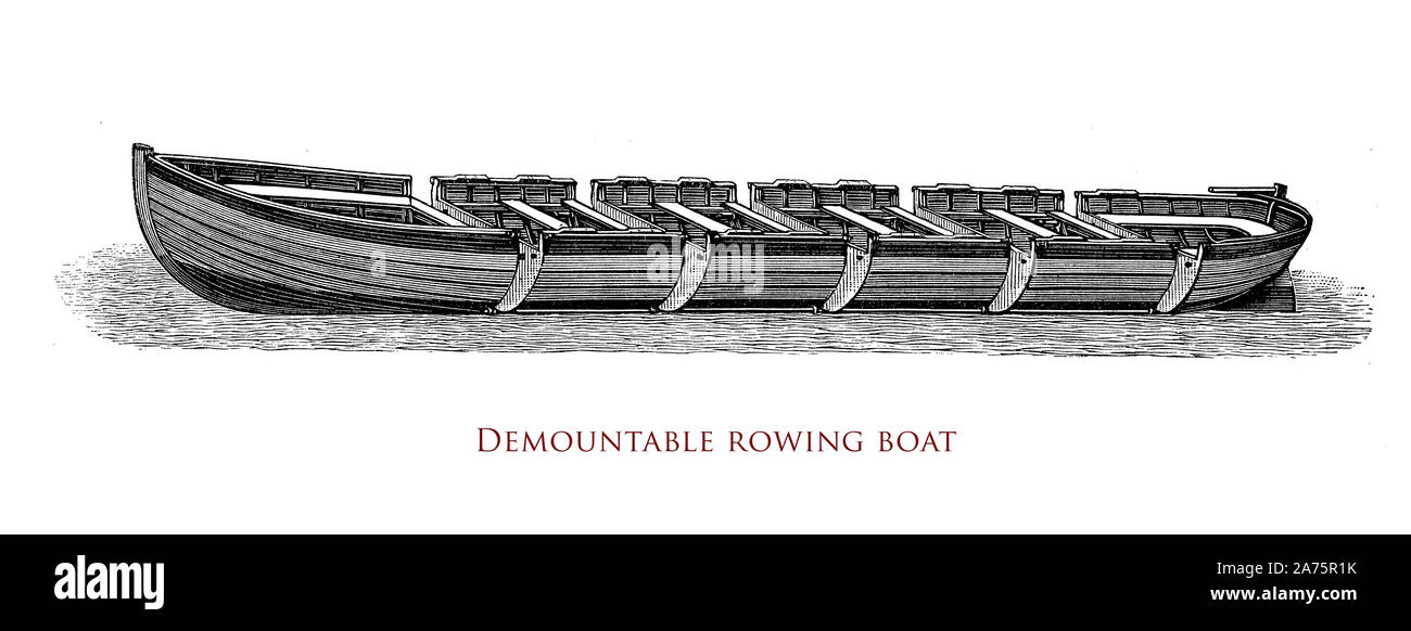 Progettazione di un legno smontabile barca a remi con traversins posta trasversalmente per dare forza alla struttura utilizzato anche come sede per i canottieri Foto Stock