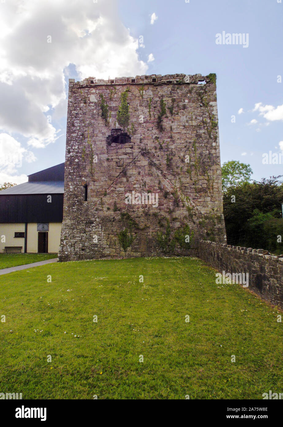 Pietra irlandese tradizionale casa a torre di Tuamgraney.parzialmente in rovina e abbandonata. Situato nella contea di Clare, Irlanda. Foto Stock