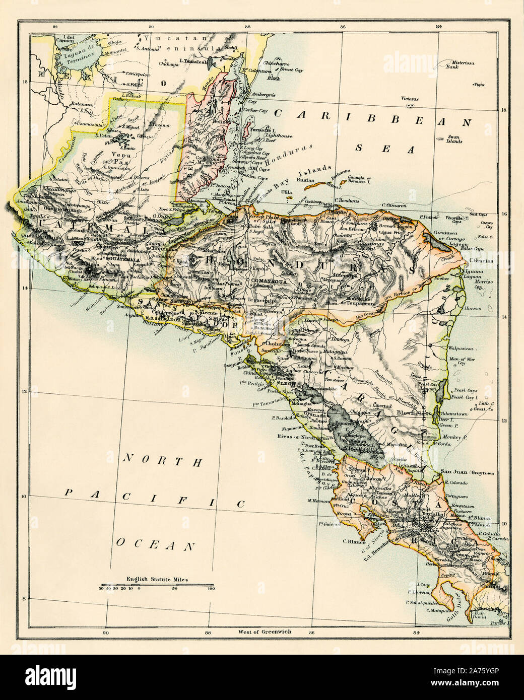 Mappa di Belize, Guatemala, Honduras, El Salvador, Nicaragua e Costa Rica, 1870s. Litografia a colori Foto Stock
