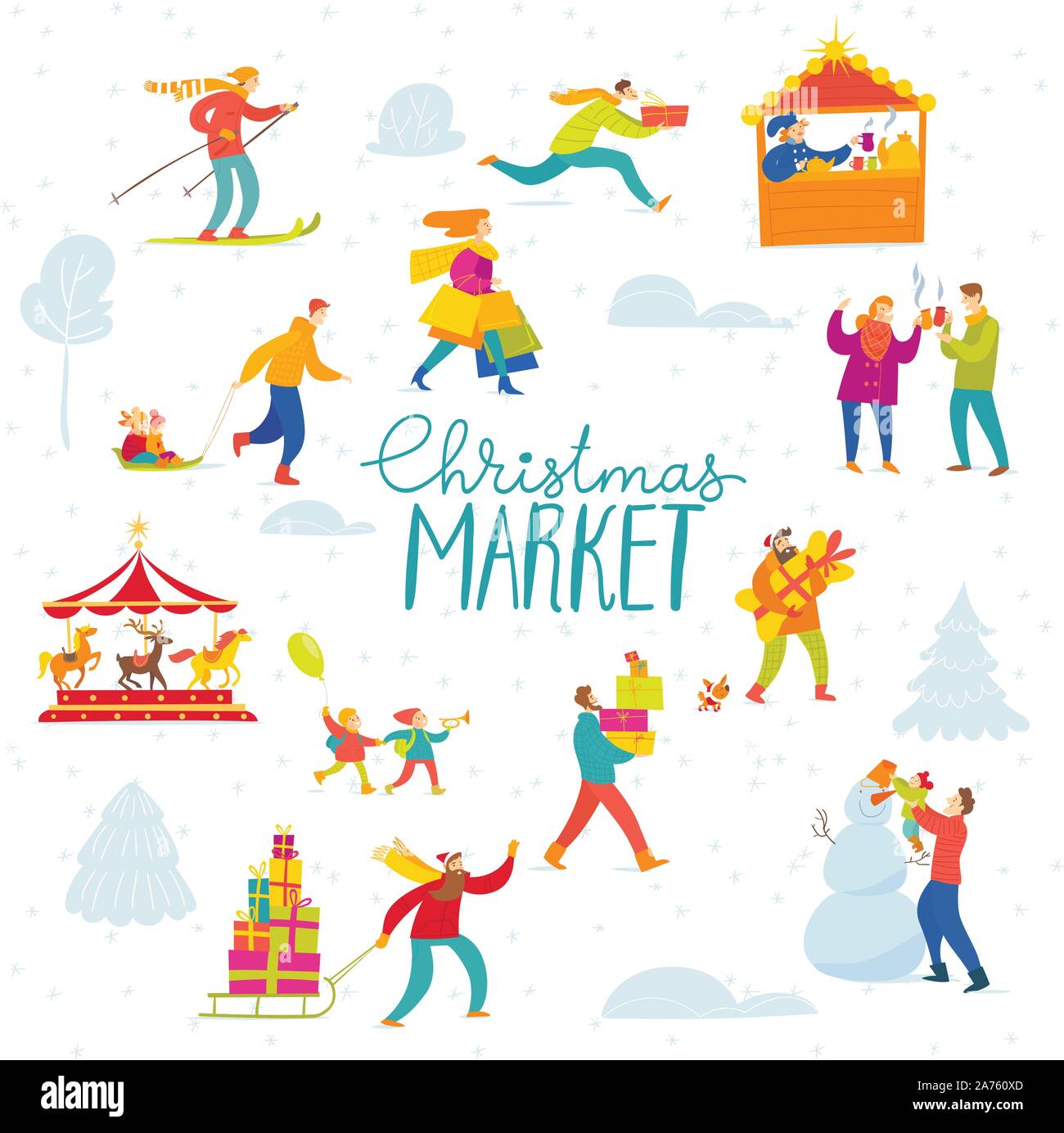 Vettore inverno Natale design per mercato di vacanza con lo shopping e le persone attive Illustrazione Vettoriale