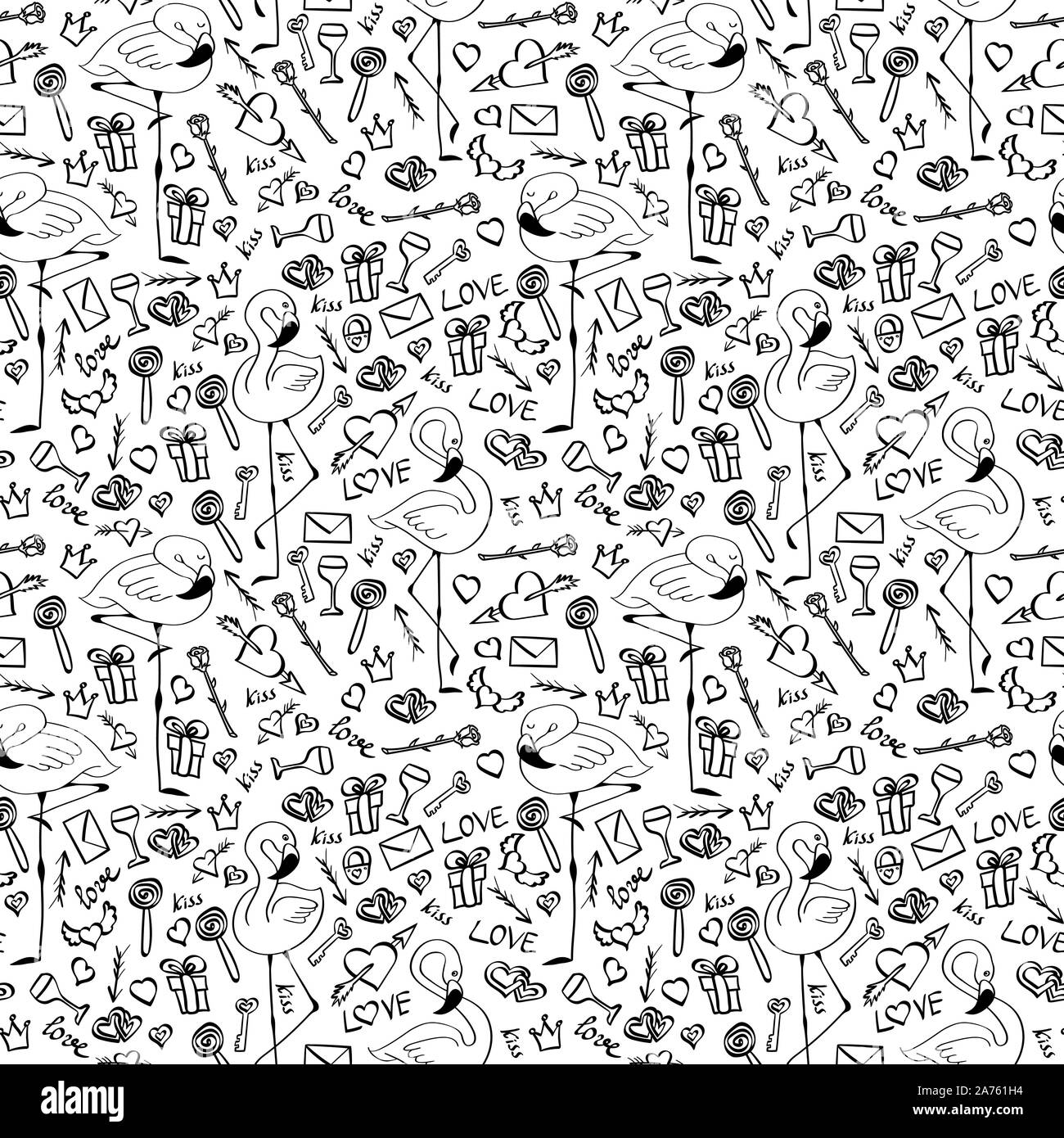 Modello senza soluzione di continuità con il giorno di san valentino scarabocchi e flamingo su sfondo bianco. Vettore disegnati a mano illustrazione. Illustrazione Vettoriale