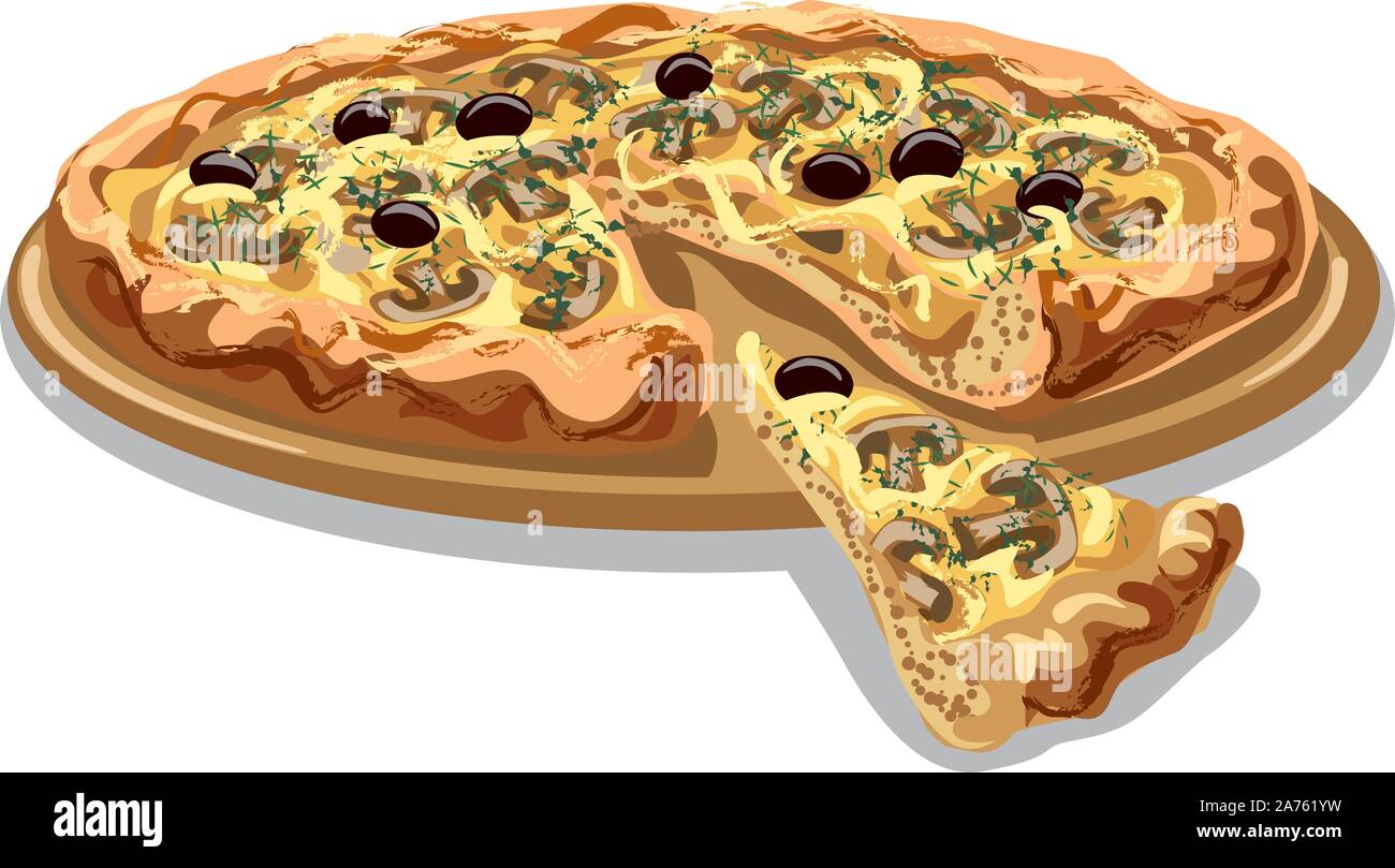 Pizza con funghi e olive e formaggio su pannello di legno Illustrazione Vettoriale