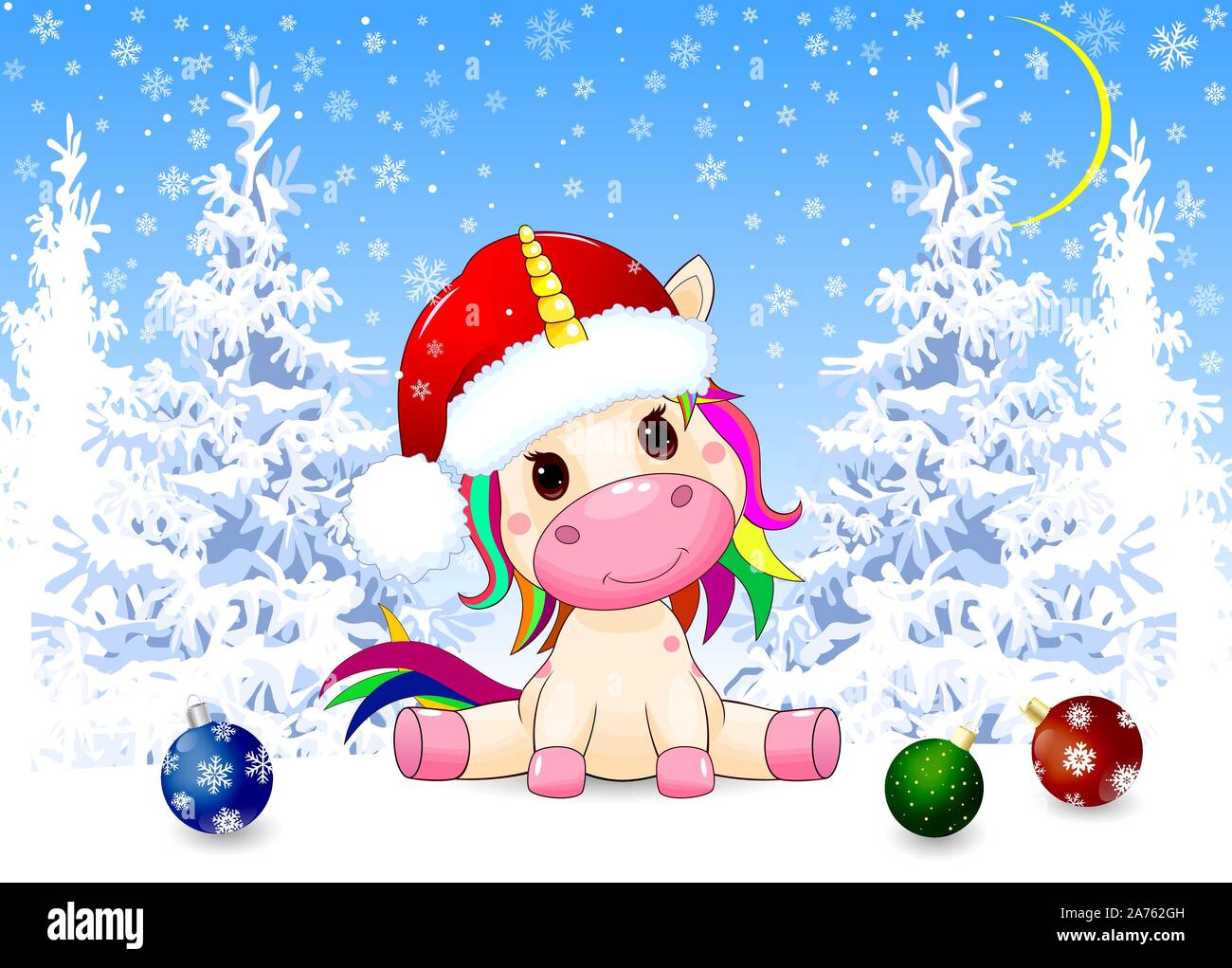 Poco unicorn vestito con un cappello da Babbo Natale. Foresta d'inverno. La notte di Natale. Neve, fiocchi di neve, alberi coperti di neve. Le decorazioni di Natale nella neve. Illustrazione Vettoriale