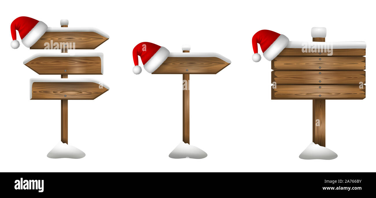 Impostare il natale cartello in legno con il berretto di Babbo Natale e neve Foto Stock