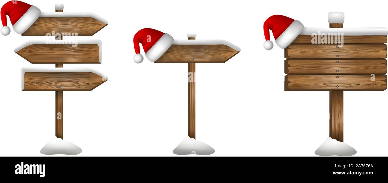 Impostare il natale cartello in legno con il berretto di Babbo Natale e neve Illustrazione Vettoriale