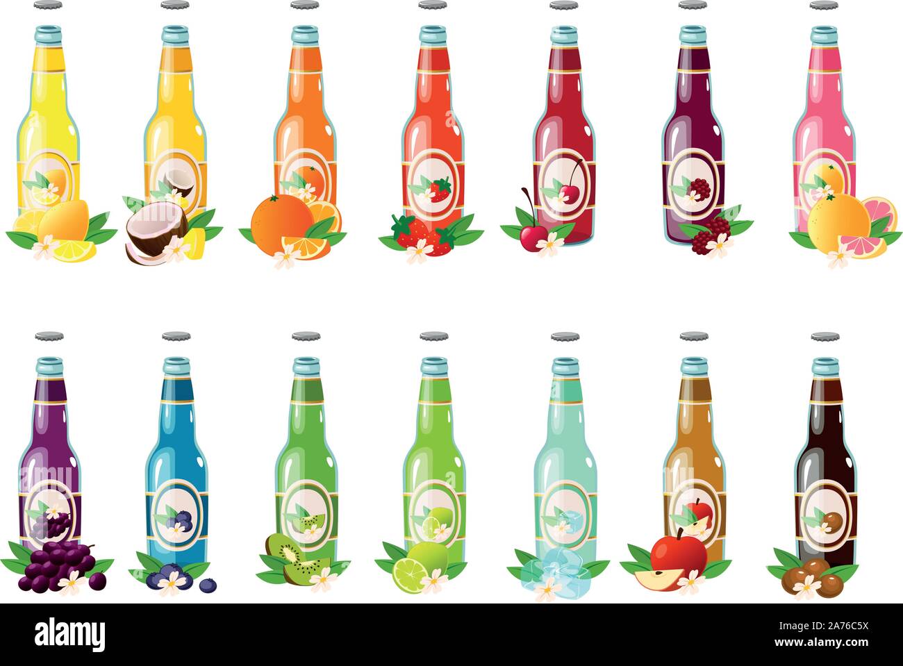 Illustrazione Vettoriale di soda varie bottiglie in vetro con diversi colori e sapori Illustrazione Vettoriale