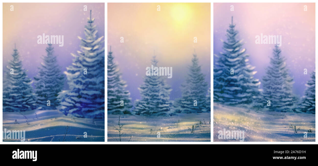 Carte di Natale la mattina con il paesaggio invernale innevato con alberi di Natale. Sfondo di Natale per il vostro design. Cumuli di neve e la caduta di neve sulla natura Foto Stock