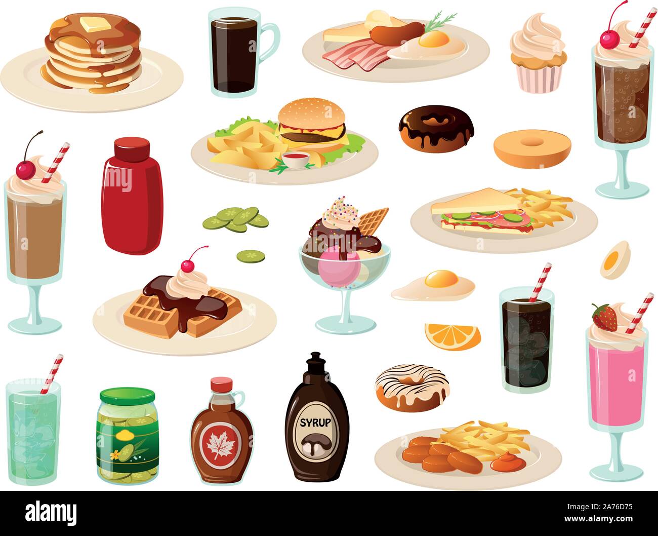 Illustrazione Vettoriale di vari insalubre tipici dolci e salati american diner alimenti. Illustrazione Vettoriale