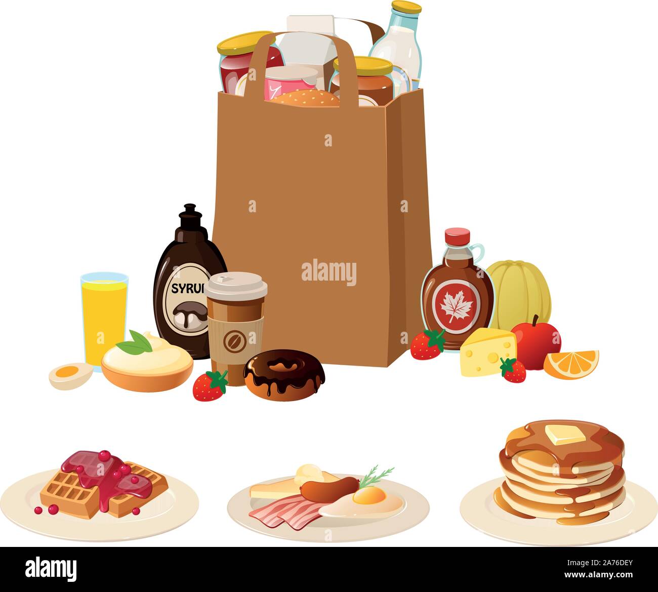 Illustrazione Vettoriale di vari supermercati trasformati preconfezionati cibi colazione e piatti Illustrazione Vettoriale