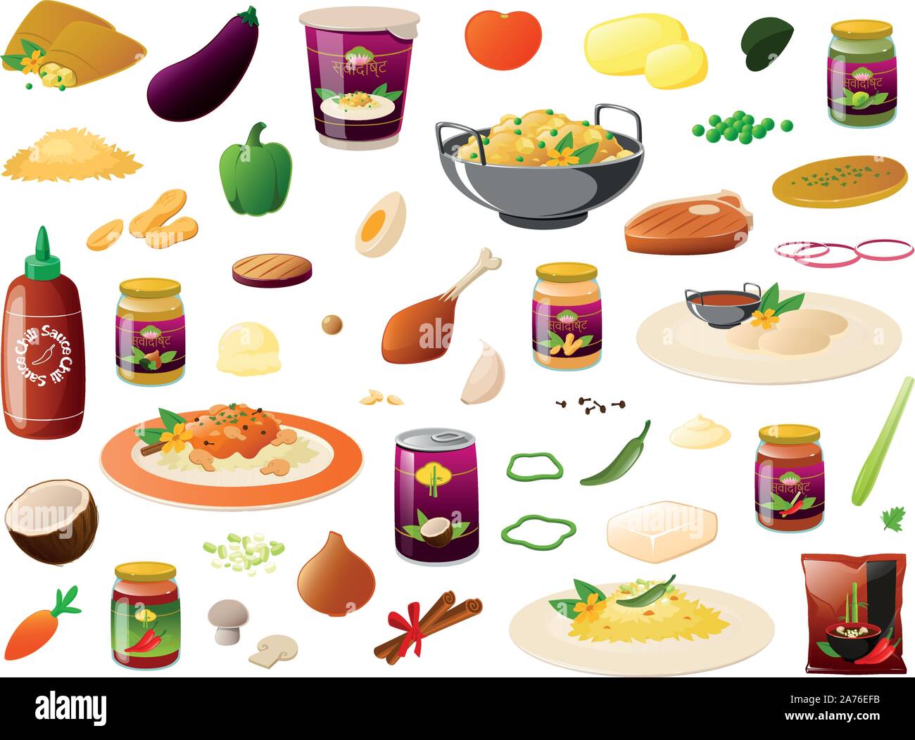 Illustrazione Vettoriale di vari tipi di cibo indiano di cottura degli elementi di supermercati e di ortaggi Illustrazione Vettoriale