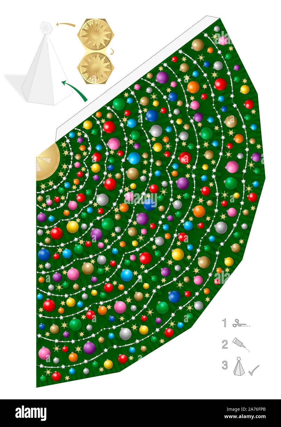 Colorato albero di natale modello di carta. Divertimento creativo per asili, scuole private o lezioni di artigianato - modello semplice per tagliare e piegare e colla. Foto Stock