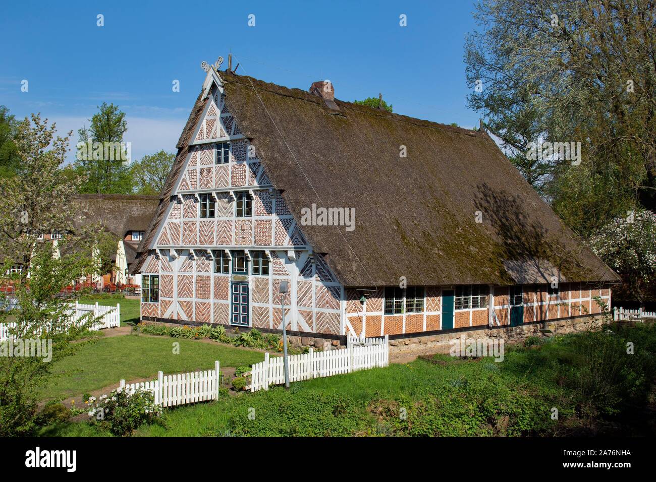 Altlander agriturismo, casa in legno e muratura con tetto di paglia e Bassa Sassonia gable, museo a cielo aperto dell'isola, Stade, Bassa Sassonia, Germania Foto Stock