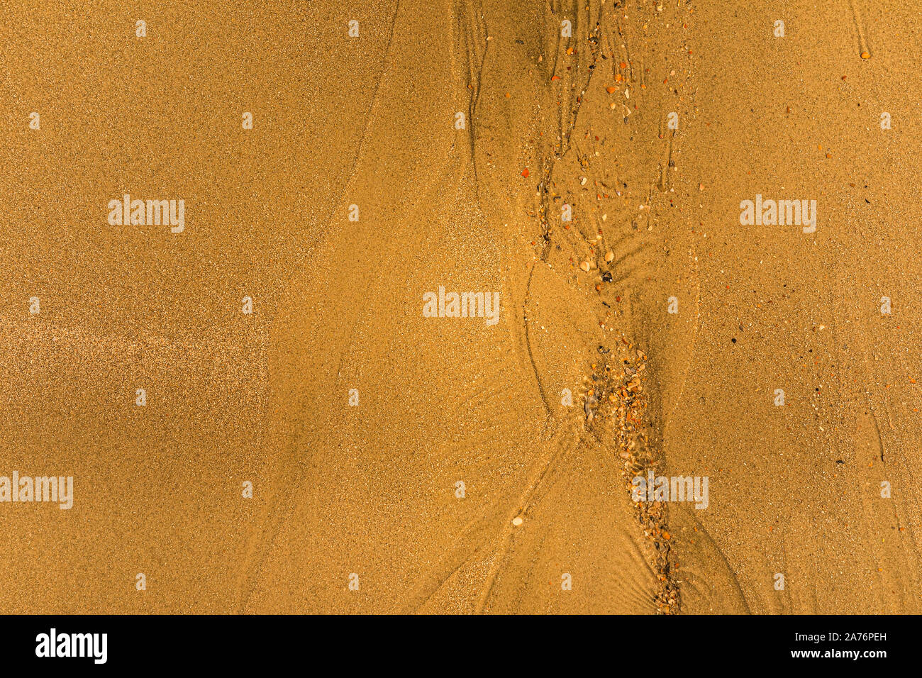 Close-up di sabbia con modi di marea e conchiglie sulla spiaggia, piena di tessitura del telaio Foto Stock