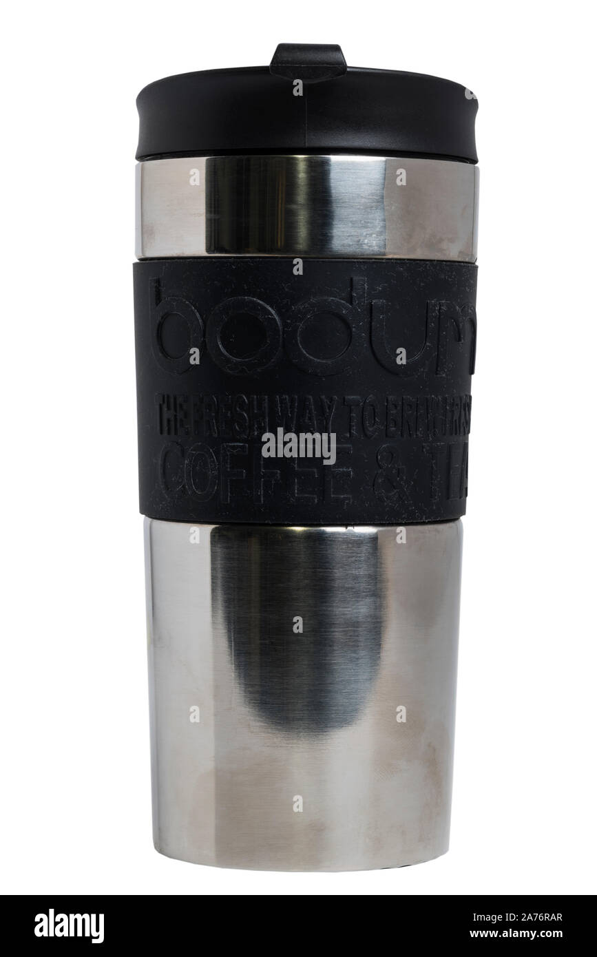 Un bodum riutilizzabili caffè e tè pallone mug su sfondo bianco Foto Stock