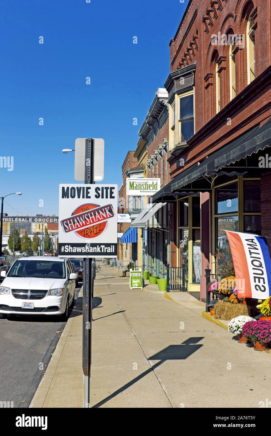 Un segno del luogo di film nel centro di Mansfield, Ohio, Stati Uniti fa parte del percorso di film di Shawshank Redemption. Foto Stock