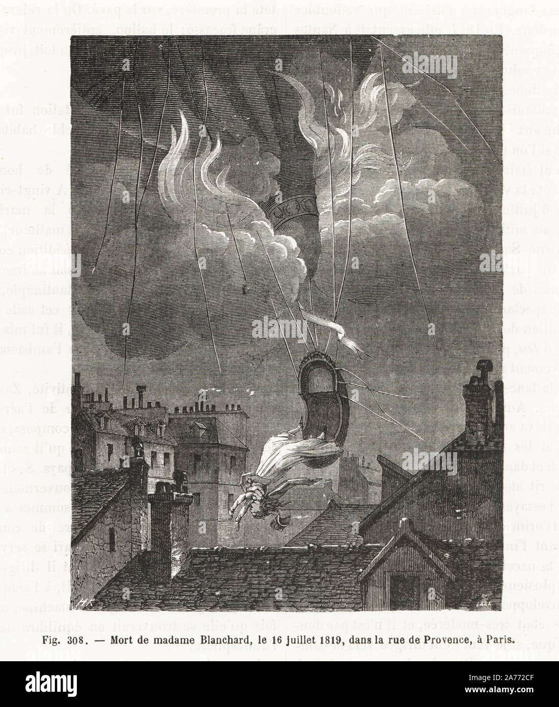 La morte di Madame Sophie Blanchard dopo i fuochi d'artificio acceso il suo palloncino, Parigi, 1819. Blanchard (1778-1819), francese aeronaut e moglie di Jean-Pierre Blanchard. Woodblock incisione di H. Rousseau dopo SKKI da Louis Figuier 'Les Merveilles de la Science: Aerostats' (meraviglie della scienza: Aria palloncini), Furne, Jouvet et Cie, Parigi, 1868. Foto Stock
