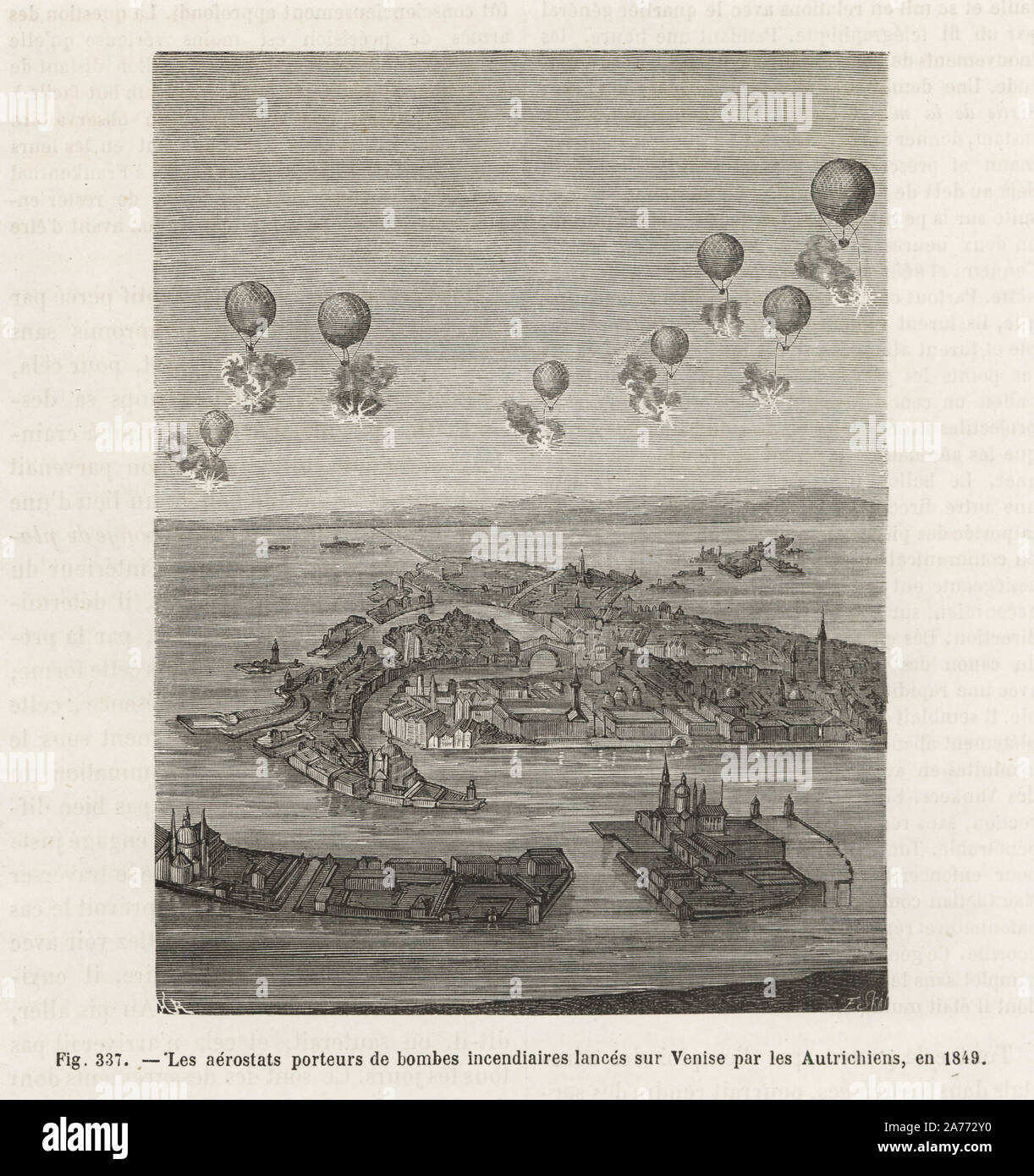 Militare austriaca palloncini cadere le bombe incendiarie su Venezia, 1849. Woodblock incisione di H. Rousseau dopo E. Sci da Louis Figuier 'Les Merveilles de la Science: Aerostats' (meraviglie della scienza: Aria palloncini), Furne, Jouvet et Cie, Parigi, 1868. Foto Stock