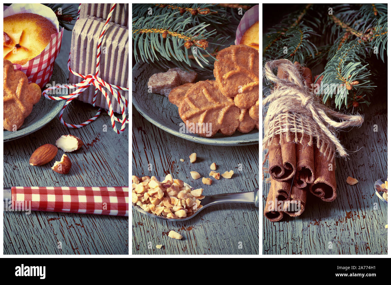 Il tempo di Natale cibo collage, closeup su biscotti di mandorle e limone mini muffin con bastoncini di cannella, mandorle e albero di Natale ramoscelli su legno rustico b Foto Stock