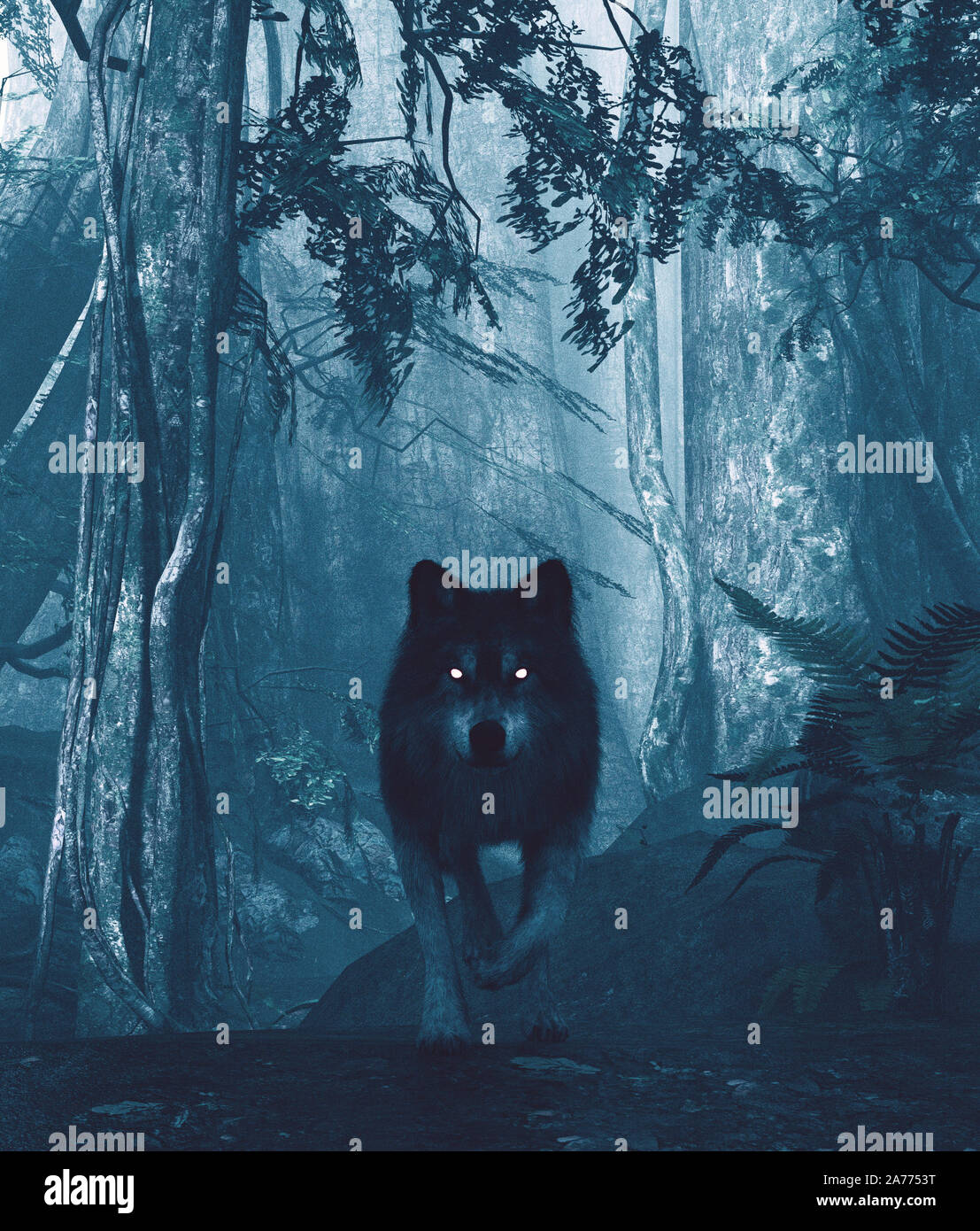 Lupo nella foresta scura,3d illustrazione Foto Stock