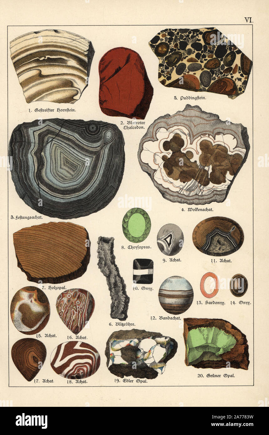 Pietre preziose e cristalli compresi conglomerato, fortificazione agata, nuvoloso agata, chrysoprase, agata, nastrati agata, Onyx, legno opal, fulgurites, sardonica e opale. Chromolithograph dal dottor Aldolph Kenngott "ineralogy' Sezione in Gotthilf Heinrich von Schubert 'Naturgeschichte,' Schreiber, Monaco, 1886. Foto Stock